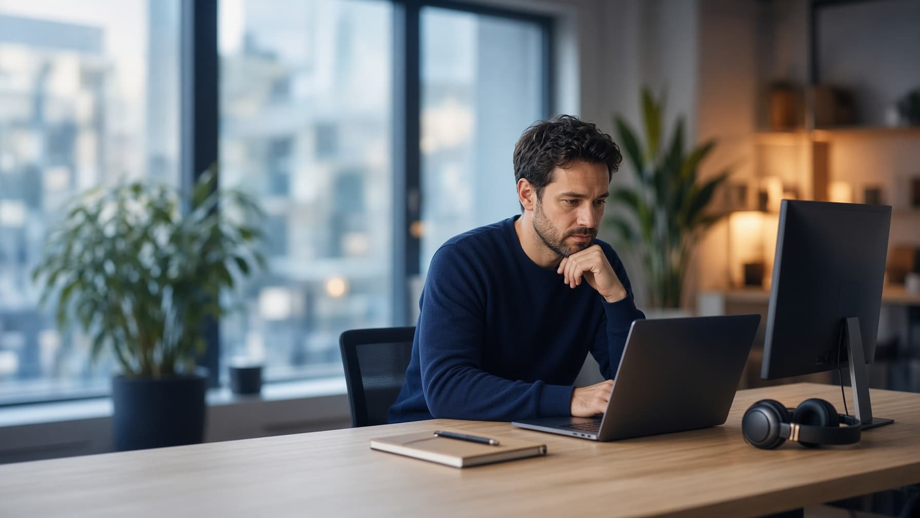 Développeur d'une agence web vérifiant le code d'un site client sur deux écrans, dans un bureau moderne