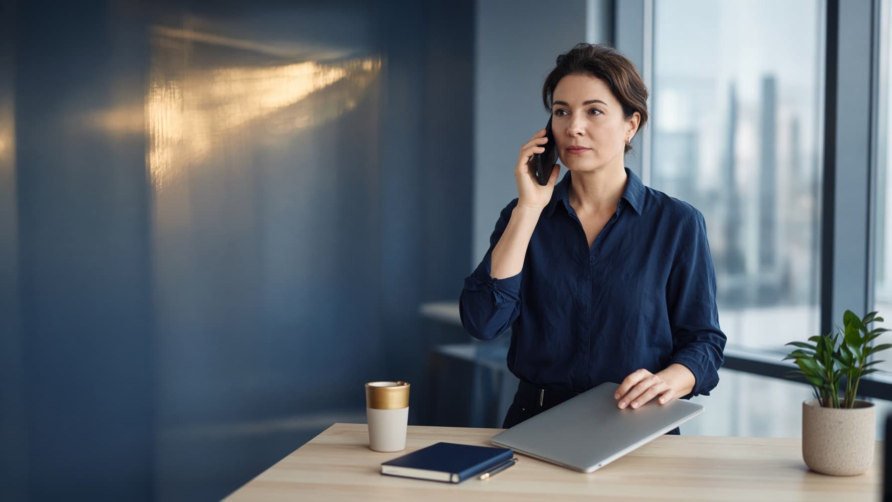 Dirigeante de PME au téléphone avec l'assistance de son assurance cyber, refermant son ordinateur portable après une cyberattaque