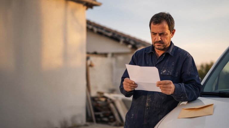 Artisan du bâtiment lisant un courrier de résiliation de son assurance décennale devant son chantier